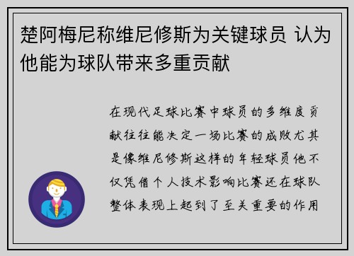 楚阿梅尼称维尼修斯为关键球员 认为他能为球队带来多重贡献