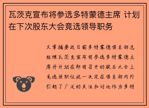 瓦茨克宣布将参选多特蒙德主席 计划在下次股东大会竞选领导职务