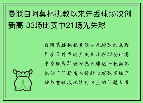 曼联自阿莫林执教以来先丢球场次创新高 33场比赛中21场先失球